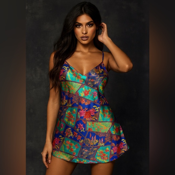 Vintage Fredricks of Hollywood Satin Mini Slip Dress – Floral Patchwork Print - Picture 1 of 7